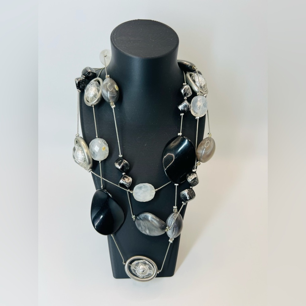 NY & Company Long Black Silver Beaded Statement Necklace